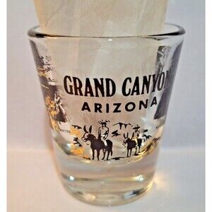 Grand Canyon Arizona Shot Glass Black w Gold Accents Burro Ride Watchtower